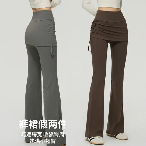 Fake Two High Waisted Slightly Flared Pants with Hip Covering Skirt for Women's Running, Dance Training, Pilates Sports Pants