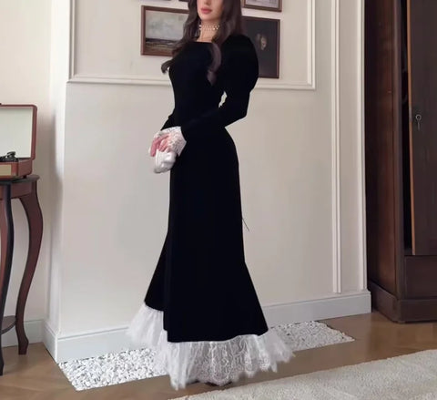 Women Dress Spring Autumn Square Collar Long Sleeve Velvet Patchwork Lace Cinched Waist Elegant Temperament Long Dress