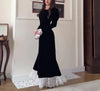 Women Dress Spring Autumn Square Collar Long Sleeve Velvet Patchwork Lace Cinched Waist Elegant Temperament Long Dress