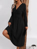 Elegant Solid Color Knit Dress for Women Fall Winter Overlap V-Neck Long Sleeve with Waist Shirring Bodycon Long Maxi Dress