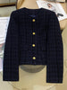 Korean Navy-blue Tweed Short Jacket Women's Woolen Coat Spring Autumn O-neck Slim Casual Blazer Tops Streetwear Lady Outerwear