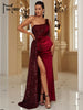 Wine Sequin Evening Dress Elegant Women One Shoulder Draped Split Wedding Party Prom Dresses Bridesmaid Wine Long Gown