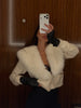 Black Fur Collar Leather Jacket Women Chic Solid Full Sleeves Waist Cinching V-neck Short Coat Lady High Street Outerwear