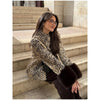 Women Deer Spot Print Faux Fur Cropped Jacket Stand Collar Dark Fur Cuff Button Up Short Coat Vintage Winter Street Outerwear