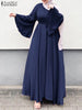 Women Muslim Maxi Dress Solid Color O-Neck Long Sleeve Turkish Abaya Robe Casual Elegant Party Oversized Vestidos