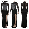 Women Full Sleeve Diamonds Mesh Rhinestones High Side Split Mermaid Maxi Long Dress Evening Sexy Party Dresses Vestidos