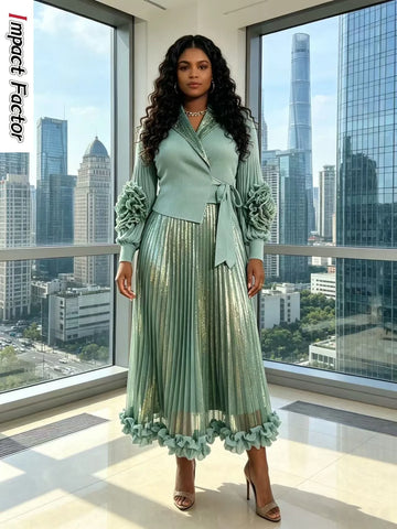 Pleated Loose Bronzing Dress Temperament Suit Collar Cranked Flower Long Dress Women's Clothing