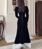 Women Dress Spring Autumn Square Collar Long Sleeve Velvet Patchwork Lace Cinched Waist Elegant Temperament Long Dress