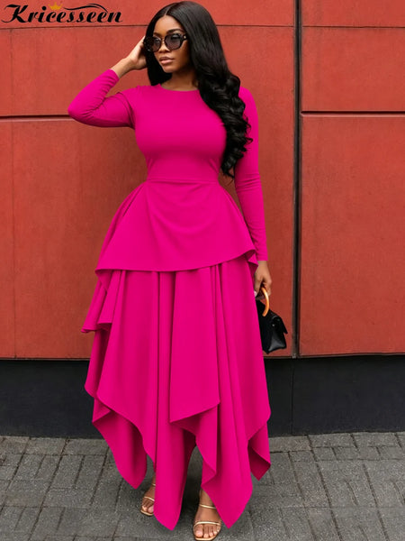 Elegant Layered Maxi Dress Women Long Sleeve O-Neck Layered Ruffle Asymmetrical Hem Long Dresses Evening Vestidos