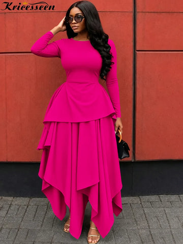 Elegant Layered Maxi Dress Women Long Sleeve O-Neck Layered Ruffle Asymmetrical Hem Long Dresses Evening Vestidos
