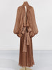 Chic Prom Robe for Women Scarf Collar Lantern Sleeve High Waist Temperament Pleated Evening Dress Female Clothes