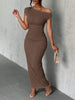 Water Ripple Slanted Shoulder Dress Women's Elegant And Simple Solid Color A-line Collar Mid-waist Sexy Hip Wrap Skirt