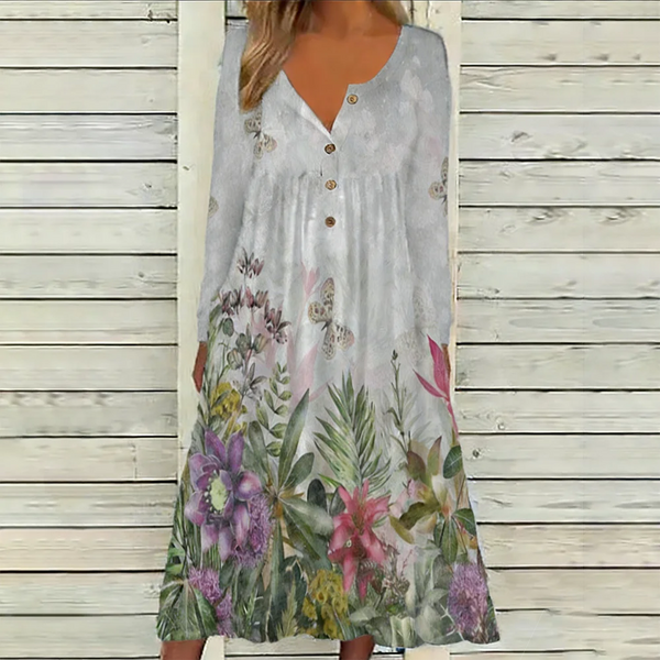 Fall & Winter Women's V-Neck Button Long Sleeve Dress Floral Print Loose Casual Midi Dress