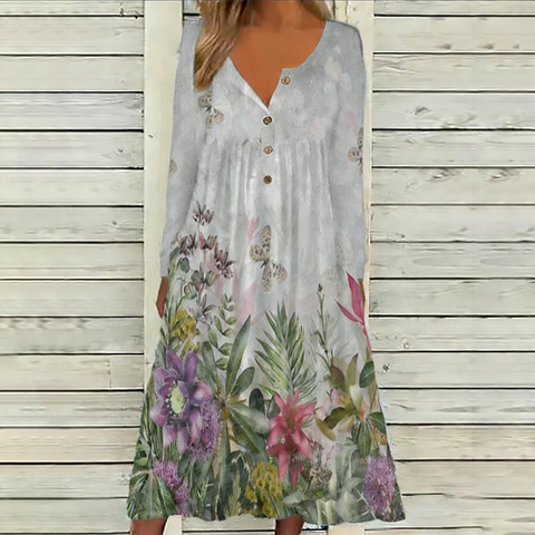 Fall & Winter Women's V-Neck Button Long Sleeve Dress Floral Print Loose Casual Midi Dress