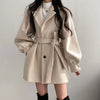 Women Woolen Coat Cinched-Waist Autumn Winter Tweed Sashes Lantern Sleeve Solid Color Coat Women's Clothing