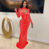 Women Mesh See Though Diamonds Rhinestones Cutout Front Long Sleeve Sexy Party Club Evening Prom Maxi Long Dress