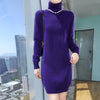 Selling 100% Mink Cashmere Knitted Women's High Neck Pullover Dress Sweater Slim Fit Solid Color Long Women's Dress