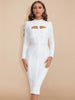 Women White Hollow Out HL Bandage Dress Long Sleeve Bodycon Sexy Cut Out High Neck Party Red Black Midi Runway Dress XL