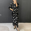 Balck Dot Printting Pleated Women's Dress V Collar Batwing Sleeve Mid-Length Mermaid Dresses 2DB6625