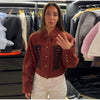 Suede Knit Patchwork Short Jacket Stand Collar Gold Single Button Long Sleeve Coat Female Spring Casual Daily Streetwear
