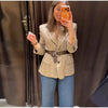 Women's Striped Blazer Belted Single Breasted Long Sleeve Lapel Neck Coat Female Casual Daily Commute Office Jacket