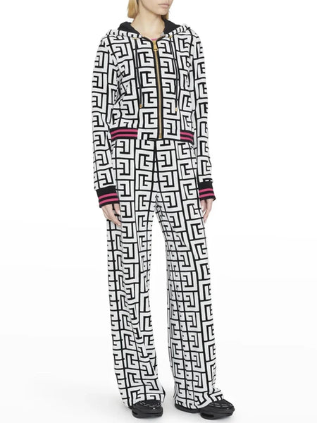 High Street F/W Designer Jacket Women's Geometric Monogram Printed Velvet Hooded Bomber Jacket