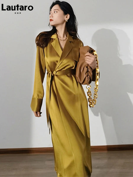 Spring Autumn Long Soft Elegant Flowy Satin Acetate Trench Coat for Women Chic British