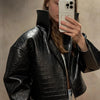 Croc Embossed Cropped Faux Leather Jacket High Stand Collar Long Sleeve Oversized Women Jackets Autumn Chic Coats