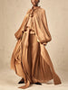 Chic Prom Robe for Women Scarf Collar Lantern Sleeve High Waist Temperament Pleated Evening Dress Female Clothes