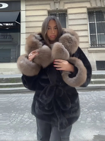 Casual Patchwork Faux Fur Collar Women's Coat Lace Up Pockets Thicken Lady Coats Autumn Winter Female Street Outerwear