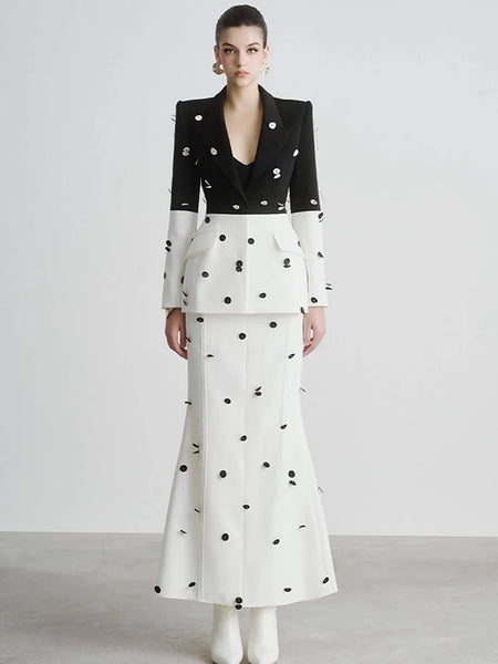 High Street Designer Jacket Women's Color Block Sequined Blazer Mermaid Long Skirt