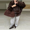 Women Dark Brown Faux Fur Coat Stand Neck Zipper Loose Solid Pullover Spring Chic Lady Casual High Street Outwear
