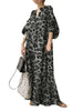 Leopard Printed Women's Maxi Dress Vacation Spring Puff Sleeve Long Vestidos Casual V Neck Robe Oversize