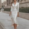 Women Maxi Satin Dress Solid Draped Dress Silk V-Neck Long Sleeve Evening Party Office Lady Midi Dresses Sexy Chic Robes