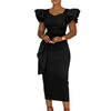 Women Short Ruffles Sleeve O-neck Ribbon Bodycon Midi Dress Street Africa OL Evening Sexy Party Dresses Vestido