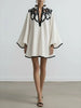 Hollowed V-neck Mini Dress for Women Flared Sleeves Pleated Dress Spring Stylish Contrast Trims Elegant Party Dress