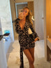 Sexy Black Print Wrap Mini Dress Women Long Sleeve Deep V Neck Button Tie Waist Bodycon Party Gown Chic Evening Clubwear