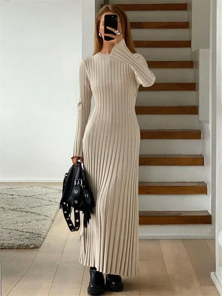 Lace-Up Female Knit Maxi Dress Autumn High Waist Patchwork Long Sleeve Loose Solid Dress Bandage Knitwear Dress