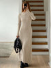 Lace-Up Female Knit Maxi Dress Autumn High Waist Patchwork Long Sleeve Loose Solid Dress Bandage Knitwear Dress