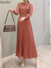 Elegant Women Pleated Dress Classy Smocked Cuffs Long Sleeve O Neck Fit and Flare Long Vestidos Commute Solid Party Robes