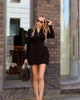 Solid Cinched-waist Mini Dress Women Casual V-neck Full Sleeve Shoulder Pads A-line Vestidos Lady Chic Party Street Gowns