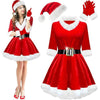 Women's Christmas Costume Set Santa Claus Outfit Velvet Dress With Striped Thigh-High Socks and Elf Hat