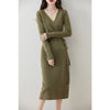Women V-neck 100% Merino Wool Dress Sweater Autumn Winter Crossing Lace-up Long Sleeve Pullover Knit Skirt Office Lady Knitwear