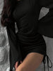 Sexy Mini Black Dress Flare Long Sleeve Design Chic Drawstring Pleated Mini Dress Female Elegant Streetwear Short Dresses