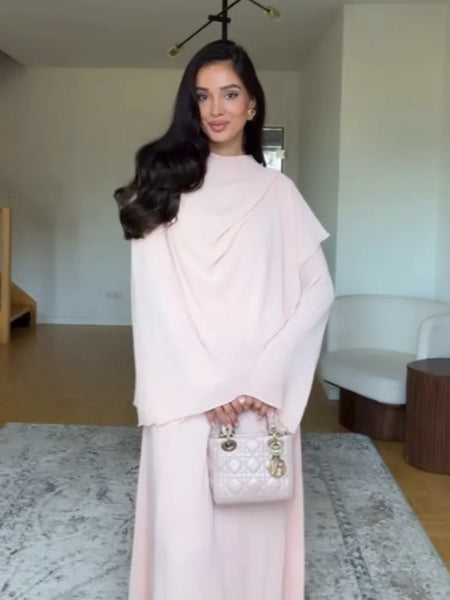 Minimalist Pink Chiffon Stand Collar Dresses Women Slim Fit Layered Shawl Sleeve Vestido Summer Beach Vacation Daily Gown