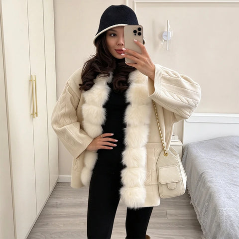 Fur Collar Women Coat Cable Knit Sweater Big Fur Collar Knit Cardigan Loose Mid Length Style Knit Jumper Daily Wear