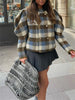 Women's Vintage British Style Plaid Puff Sleeves Jackets Spring Autumn Long Sleeves O-Neck Double Breasted Short Coats