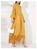 Maxi Dress Women High Neck Long Sleeves Stitching Tassel Hem Solid Color Dresses Female Party Clothing 2DB1143
