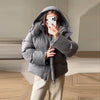 Women Hooded Stand Collar Cropped Puffer Jacket Zip Snap Button Loose Slim Short Quilted Casual Winter Warm Outerwear Coat