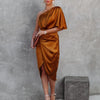 Womens Satin One Shoulder Batwing Sleeve Ruched Bodycon Midi Long Dress Asymmetrical Wrap Front Cocktail Party Dresses